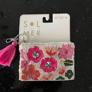SOL and MER Pink Beaded Floral Key & Card Holder with Tassel